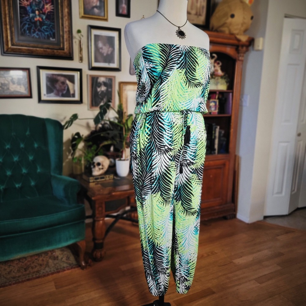 Blue Island Strapless Jumpsuit Tropical Palm Leaf Green Black Summer Beach S